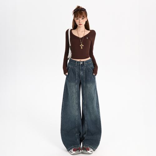 Shot~2025 Autumn/Winter New Korean Vintage Wide Leg Jeans for Women, New High-Waisted Slimming Sheer Loose Ins