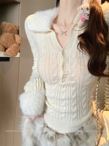 Photographed Hairy Collar Splicing V-Neck Long Sleeve Cable Knit Sweater Autumn/Winter 2025 Fitted Women's Top