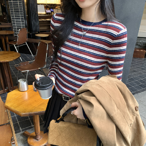 Photographed Image Korean Style Short-Sleeve Striped Wool Knit Base Shirt for Women Autumn/Winter 2025 New Arrival Top for Unique Layering