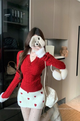 Photographed Hairy Collar Splicing V-Neck Long Sleeve Cable Knit Sweater Autumn/Winter 2025 Fitted Women's Top