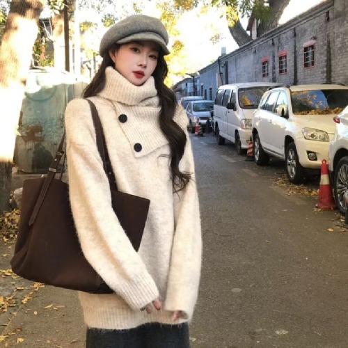 Autumn/Winter Lazy Thick Sweater + High Neck Hoodie Set with Detachable Neck Scarf