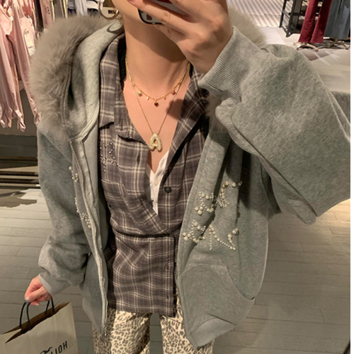 Cotton & Bamboo Blend + Original Crafted Beaded Hooded Sweatshirt for Women - Autumn/Winter Loose Fleece Lined Cardigan Jacket