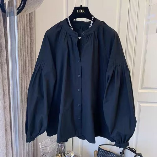 Retro French pleated bubble sleeve loose V-neck women's top with doll shirt, splicing design, unique and trendy