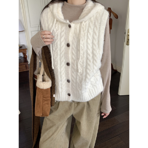 Photographed Korean style casual versatile loose hooded jute pattern sleeveless knit vest cardigan sweater