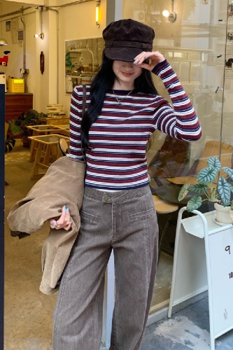 Photographed Image Korean Style Short-Sleeve Striped Wool Knit Base Shirt for Women Autumn/Winter 2025 New Arrival Top for Unique Layering