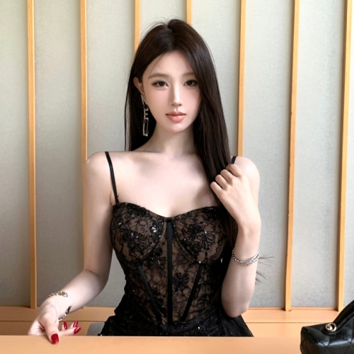 Photographed Hot Girl Shiny Spaghetti Strap Bodycon A-Line Mini Dress