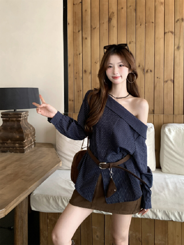 Photographed 2025 Autumn/Winter New Korean-Style Striped Shirt for Women, Sloping Collar, Shoulder-Strap, Fitted Waist Shirt with Belt