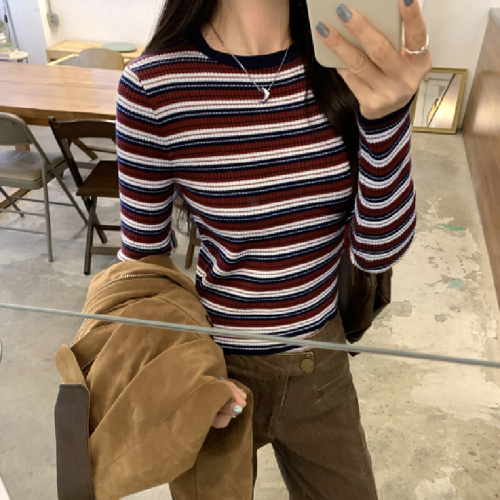 Photographed Image Korean Style Short-Sleeve Striped Wool Knit Base Shirt for Women Autumn/Winter 2025 New Arrival Top for Unique Layering