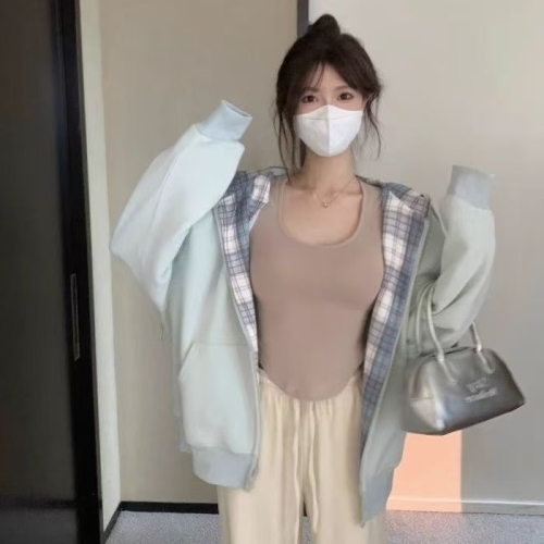 New trendy Korean lazy style soft and fluffy zipper lined checkered women's autumn small figure American style hoodie fashion