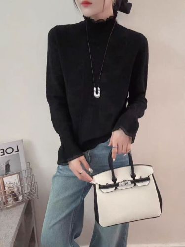 Autumn/Winter 60-ply Super-Simulated Chiffon Mulberry Silk Wool Blend Lace Trim Bodysuit