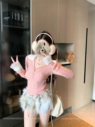 Photographed Hairy Collar Splicing V-Neck Long Sleeve Cable Knit Sweater Autumn/Winter 2025 Fitted Women's Top