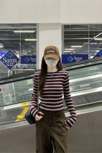 Real-shot autumn/winter Korean-style slim-fit spicy-girl contrast-color striped crewneck 6-wool inner knit sweater bottoming sweater