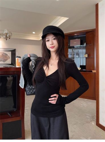 1*1 Customizable Brushed Fabric 260g Pure Seductive Style V-Neck Knotted Pleated Long-Sleeved Base Shirt Top