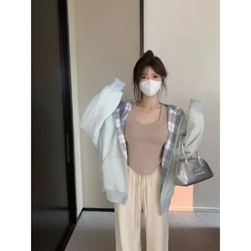 New trendy Korean lazy style soft and fluffy zipper lined checkered women's autumn small figure American style hoodie fashion