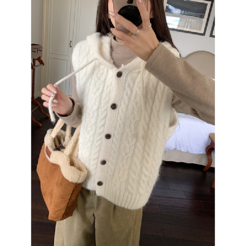 Photographed Korean style casual versatile loose hooded jute pattern sleeveless knit vest cardigan sweater