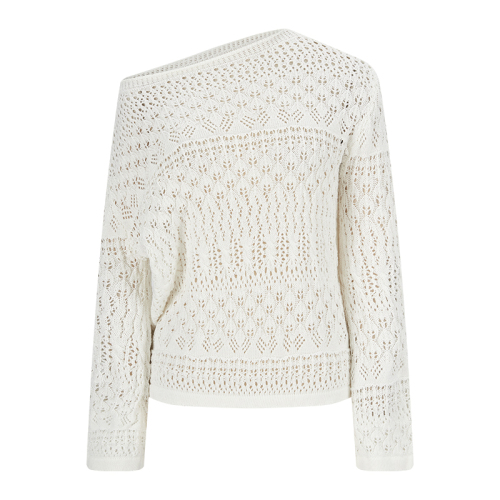 Real shot. Designer-style off-shoulder hollow-out knit sweater for women—long-sleeved, slim-fit base layer sweater that looks amazing when worn as an inner top!