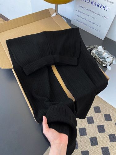 Shot~Flowy Soft & Chewy Drawstring Knit Wide Leg Pants for Women Autumn/Winter High-Waist Petite Striped Straight Leg Long Pants