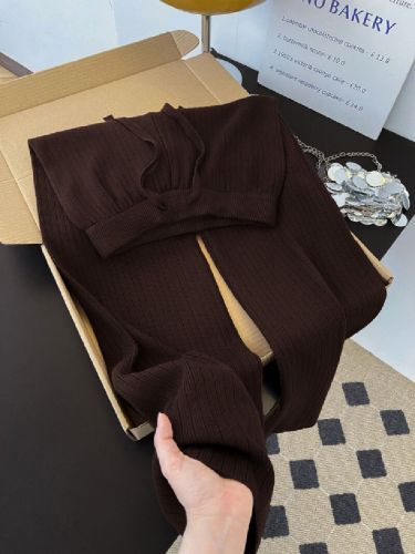 Shot~Flowy Soft & Chewy Drawstring Knit Wide Leg Pants for Women Autumn/Winter High-Waist Petite Striped Straight Leg Long Pants