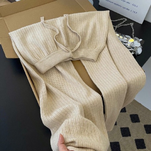 Shot~Flowy Soft & Chewy Drawstring Knit Wide Leg Pants for Women Autumn/Winter High-Waist Petite Striped Straight Leg Long Pants