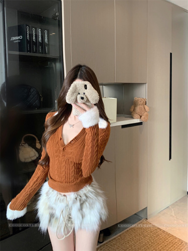 Photographed Hairy Collar Splicing V-Neck Long Sleeve Cable Knit Sweater Autumn/Winter 2025 Fitted Women's Top