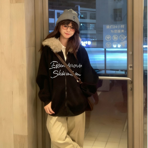 Cotton & Bamboo Blend + Original Crafted Beaded Hooded Sweatshirt for Women - Autumn/Winter Loose Fleece Lined Cardigan Jacket