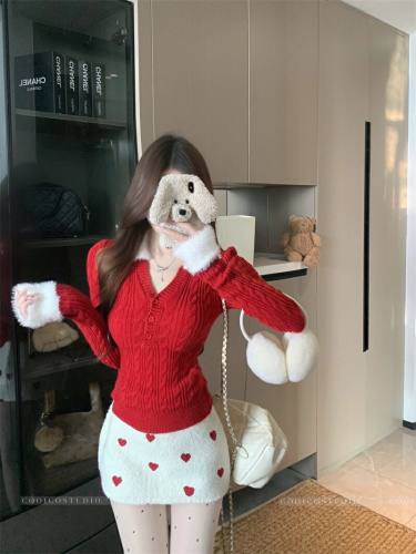 Photographed Hairy Collar Splicing V-Neck Long Sleeve Cable Knit Sweater Autumn/Winter 2025 Fitted Women's Top