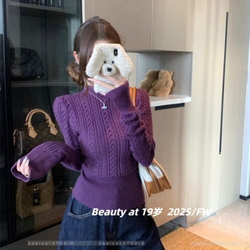 Korean-style chic turtleneck cable-knit sweater for women, autumn/winter 2025 new arrival, slim-fit and figure-flattering, solid color, long sleeves, thick.