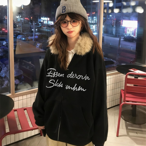 Cotton & Bamboo Blend + Original Crafted Beaded Hooded Sweatshirt for Women - Autumn/Winter Loose Fleece Lined Cardigan Jacket