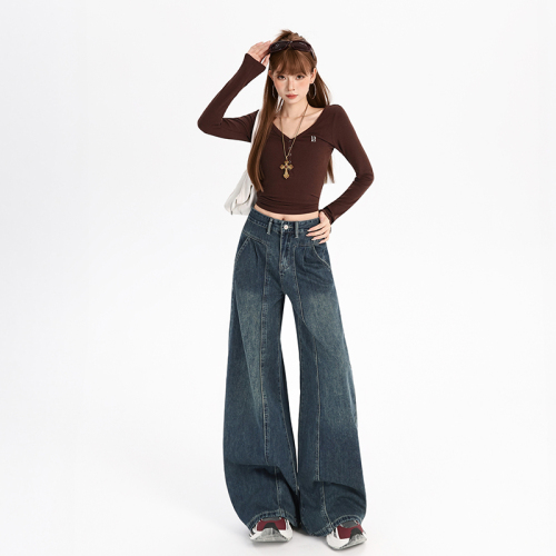 Shot~2025 Autumn/Winter New Korean Vintage Wide Leg Jeans for Women, New High-Waisted Slimming Sheer Loose Ins