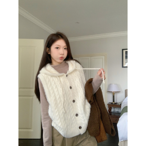 Photographed Korean style casual versatile loose hooded jute pattern sleeveless knit vest cardigan sweater