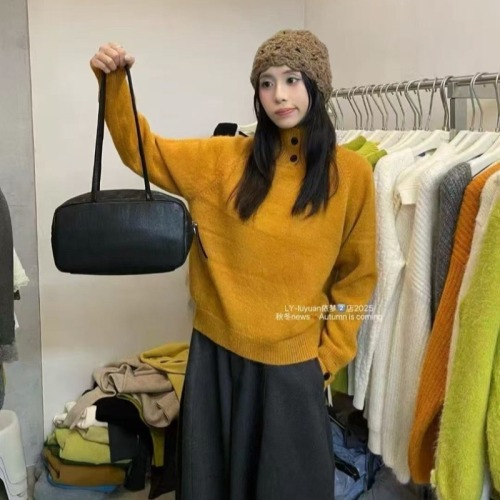Korean-style casual age-defying half-button two-piece high neck knit sweater autumn and winter heavy weight thick women's sweater