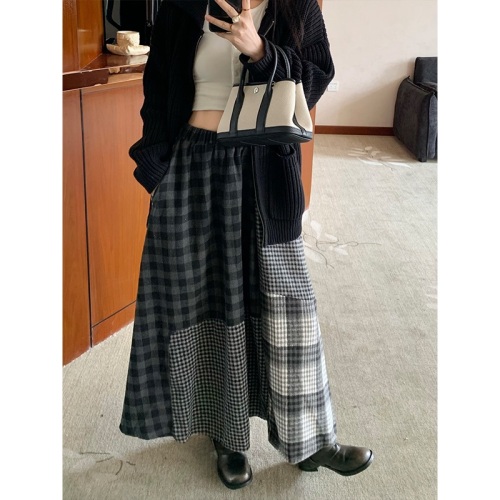 Japanese Retro Velvet Gingham Semi-Skirt for Women Autumn/Winter Splicing Long Dress College Style High-Waist Umbrella Skirt Medium A-Line Skirt