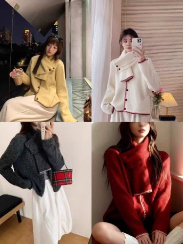 Korean Dongdaemun New Solid Color Knit Cardigan with Neck Scarf Korean Style Color Contrast Outerwear Top Set Women's Sweater Set