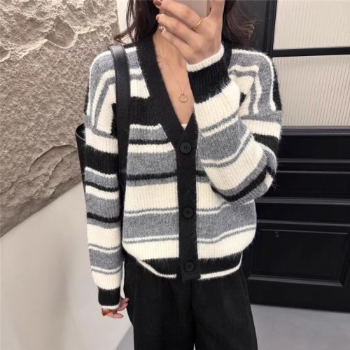 V-neck knit sweater with striped single-breasted button front, angora long hair open jacket
