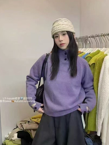 Korean-style casual age-defying half-button two-piece high neck knit sweater autumn and winter heavy weight thick women's sweater