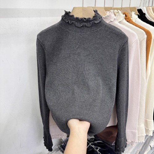 Sijiqing 2025 Winter New Arrival Double-Layer Ribbed Soft and Fluffy Long-Sleeved Knitted Sweater for Women—Stylish, Fashionable Innerwear Top with a Western Style