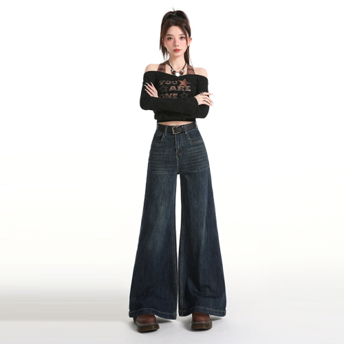 Actual shot~ American retro blue & wide-leg pants 2025 autumn new Korean style high-waist versatile slimming jeans for women
