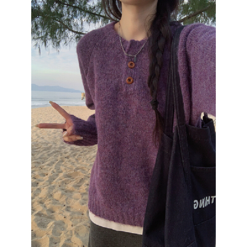 Photographed Korean Style Lazy Shoulder Round Neck Button Design Knit Sweater Loose Hooded Top for Women