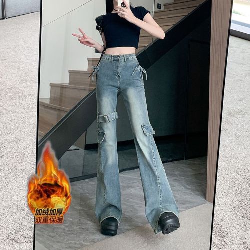 Shot~ Fleece-lined and Thickened Vintage Ribbon Bow Mini Skirted Denim for Women Autumn/Winter Hot Girl Slimming Pants