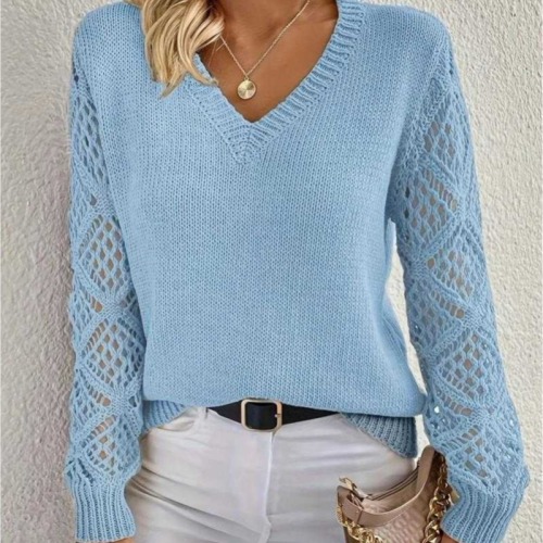 European-style spring and autumn outerwear hollow-knit sweater for women, pullover long-sleeved crocheted jacquard loose-fitting V-neck base layer.