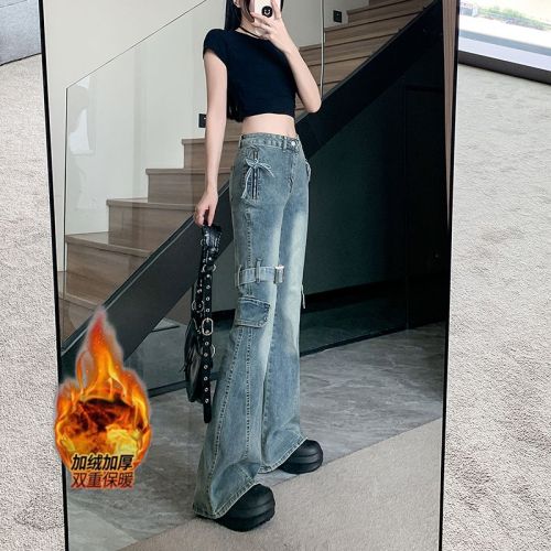 Shot~ Fleece-lined and Thickened Vintage Ribbon Bow Mini Skirted Denim for Women Autumn/Winter Hot Girl Slimming Pants