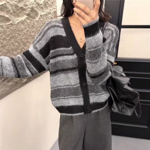 V-neck knit sweater with striped single-breasted button front, angora long hair open jacket