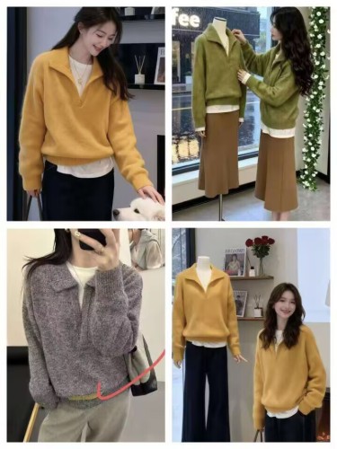 Korean-style fashionable collar high-end cashmere long-sleeved knitted sweater for women, looks very good, loose and slimming, stylish and youthful top