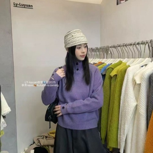 Korean-style casual age-defying half-button two-piece high neck knit sweater autumn and winter heavy weight thick women's sweater