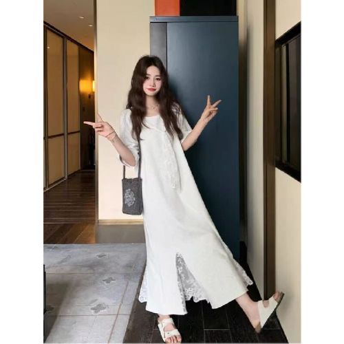 2025 New Women's Summer Petite Frame Elegant Slimming Gorgeous T-shirt Dress Gray Unique Lace Splicing Dress
