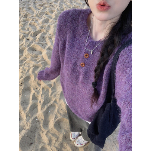 Photographed Korean Style Lazy Shoulder Round Neck Button Design Knit Sweater Loose Hooded Top for Women