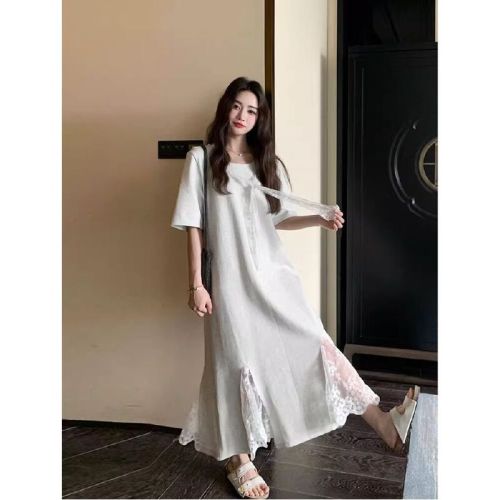2025 New Women's Summer Petite Frame Elegant Slimming Gorgeous T-shirt Dress Gray Unique Lace Splicing Dress