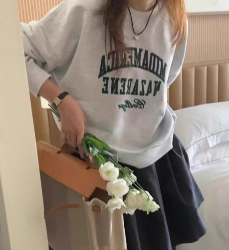 Women's Thick Fleece Hooded Sweatshirt, Korean Style Loose Fit, Simple Lettered Crew Neck Sweatshirt for Autumn/Winter Trendy