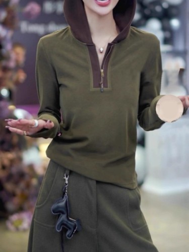 Half Zip Hooded Long Sleeve T-Shirt for Women - Autumn/Winter New Arrival Plus Size for Plus-Size Women - Fitted and Very Slimming Hooded Top