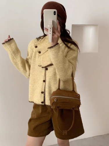 Korean Dongdaemun New Solid Color Knit Cardigan with Neck Scarf Korean Style Color Contrast Outerwear Top Set Women's Sweater Set